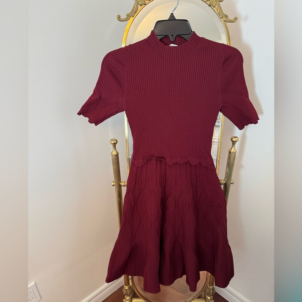 Sandro Paris scalloped structured fit and flare geometric knit dress